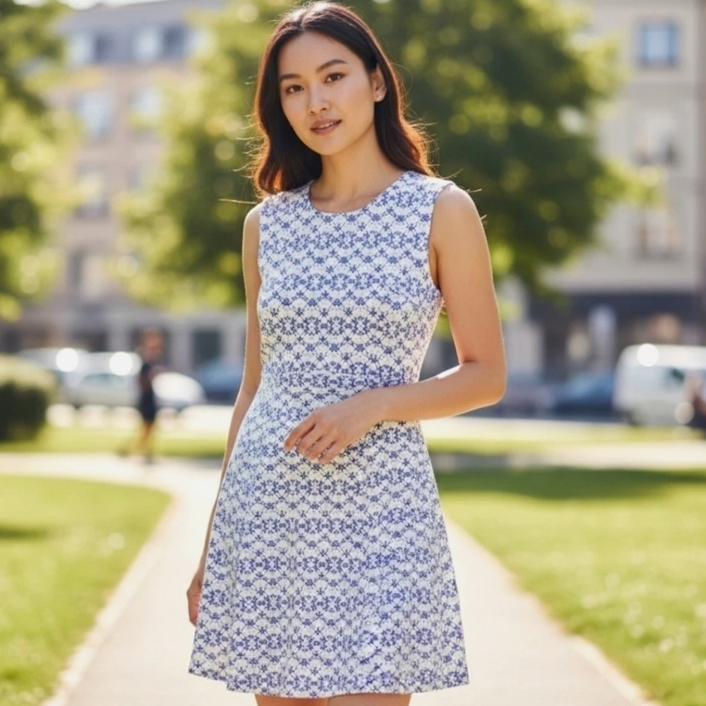 Title Nine Steadfast Diamalete Sleveless Printed Dress Tidal Wave Blue Sz Small